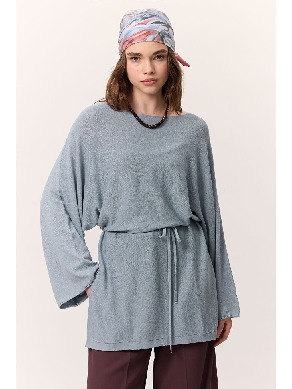 Triko Kuşaklı Tunik Mavi-3