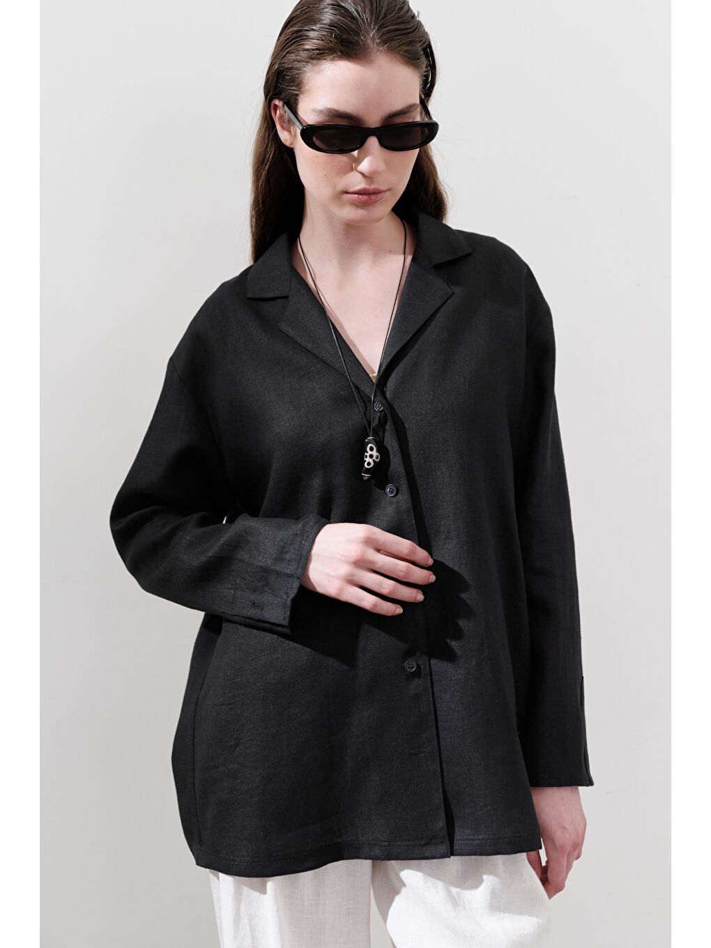 Keten Geniş Kollu Gömlek Siyah-4