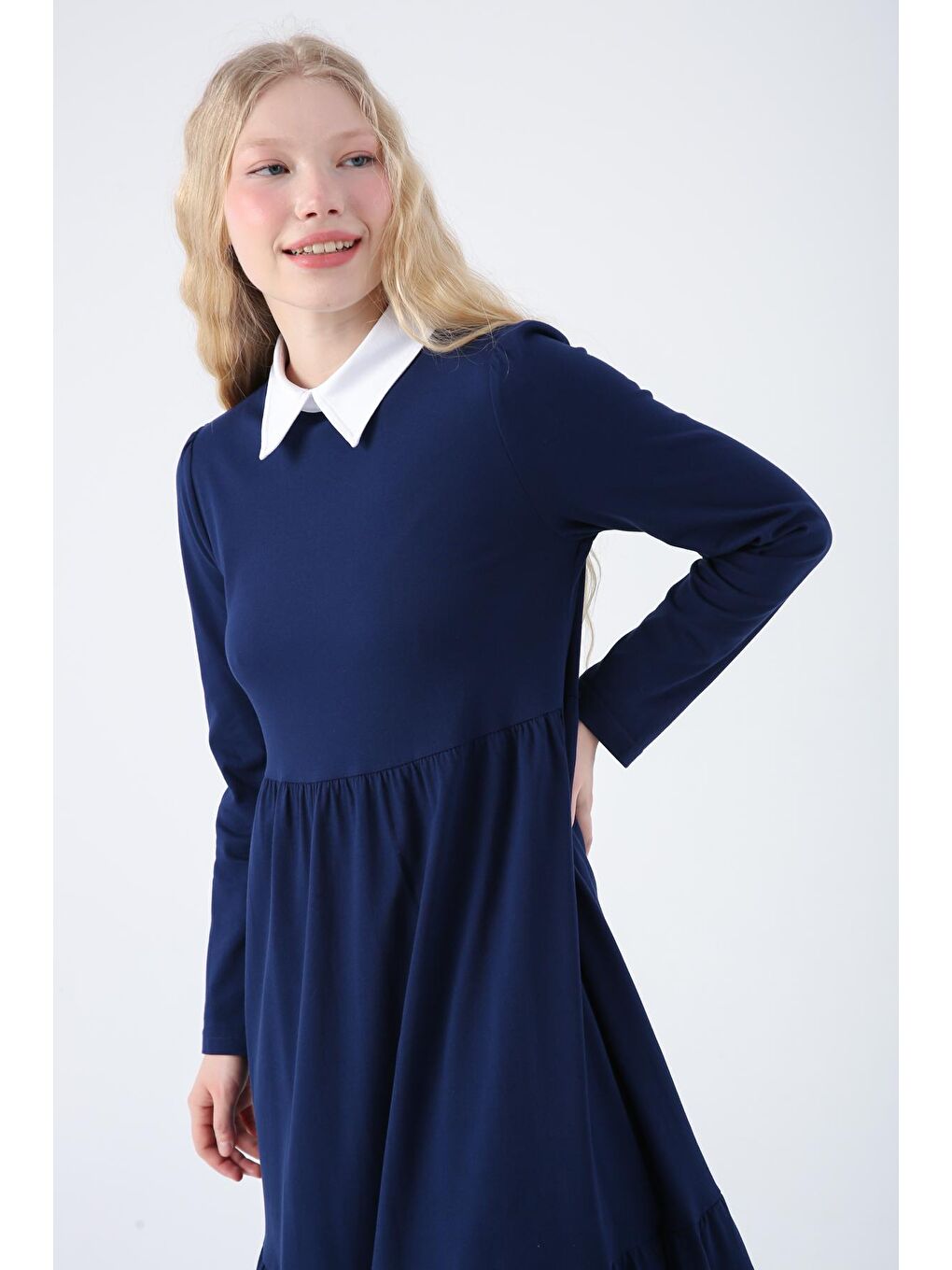 Lacivert Pamuklu Gömlek Yaka Cepli Fırfırlı Örme Elbise-4