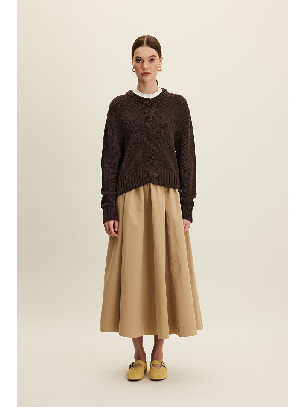 Kahverengi Katy Gabardin Büzgülü Etek Camel-2