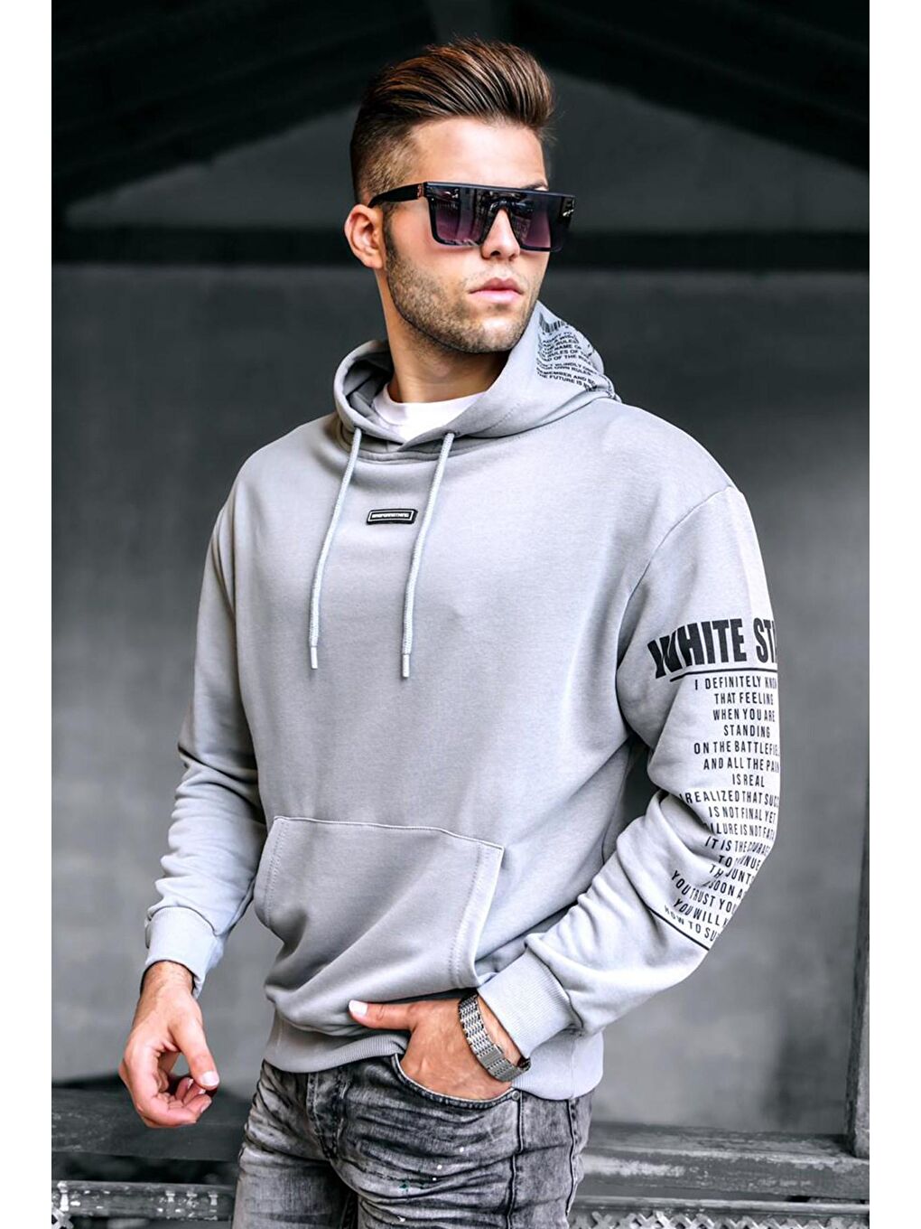 Boyalı Gri  Erkek Kapüşonlu Sweatshirt 5332