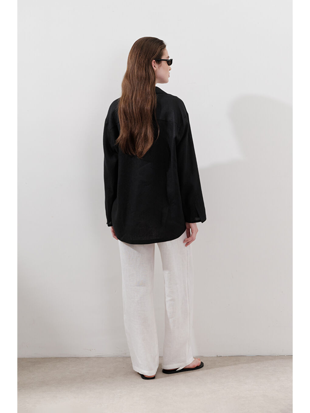 Keten Geniş Kollu Gömlek Siyah-5