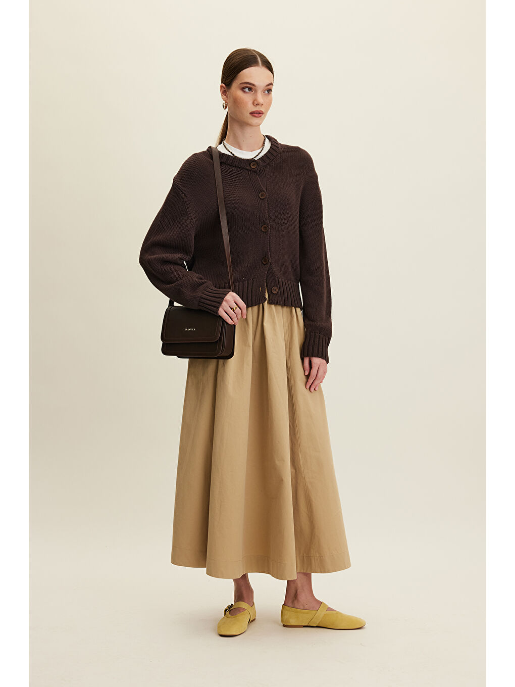 Kahverengi Katy Gabardin Büzgülü Etek Camel-3