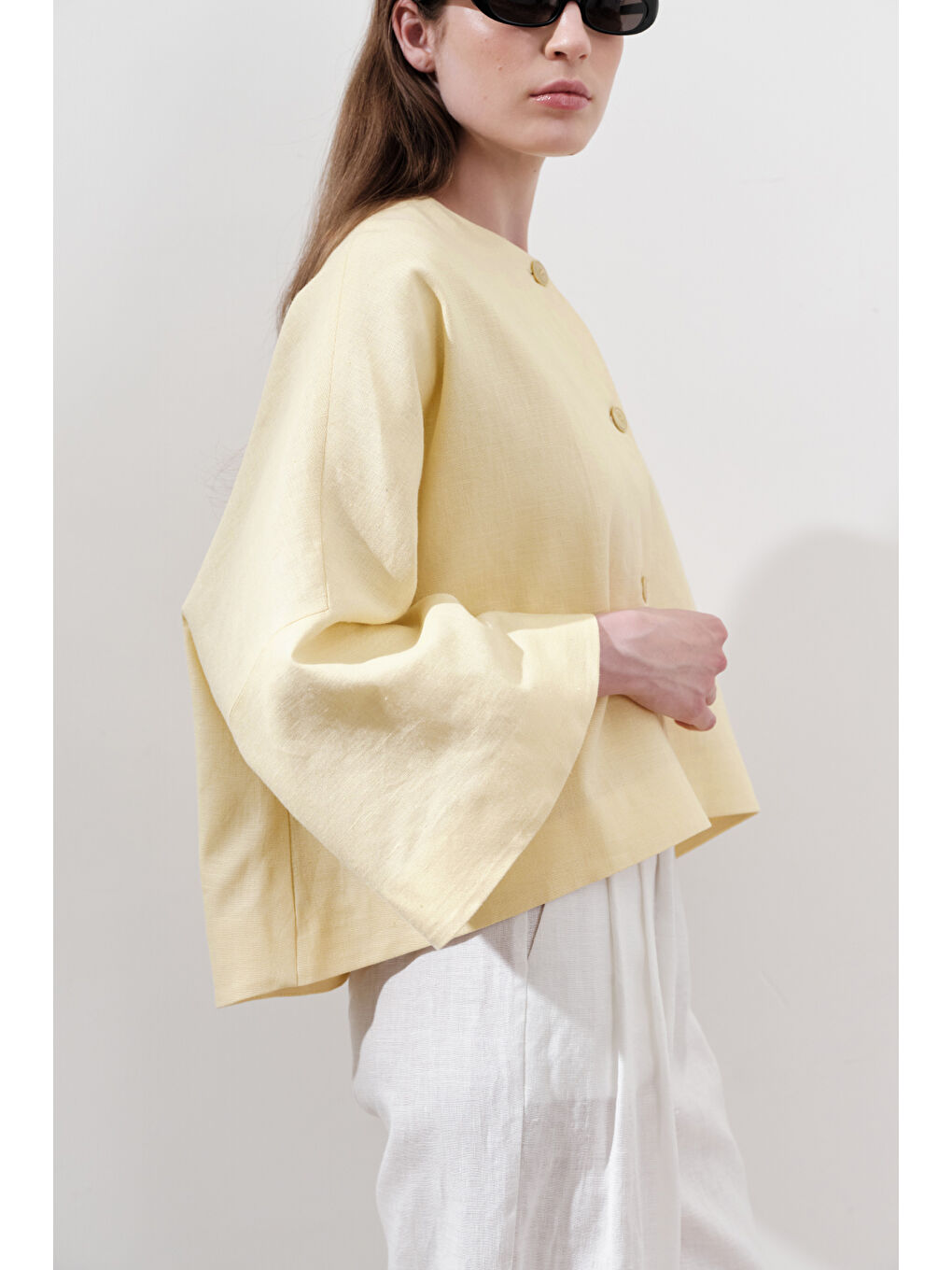 Keten Geniş Kollu Kısa Ceket Sarı-1