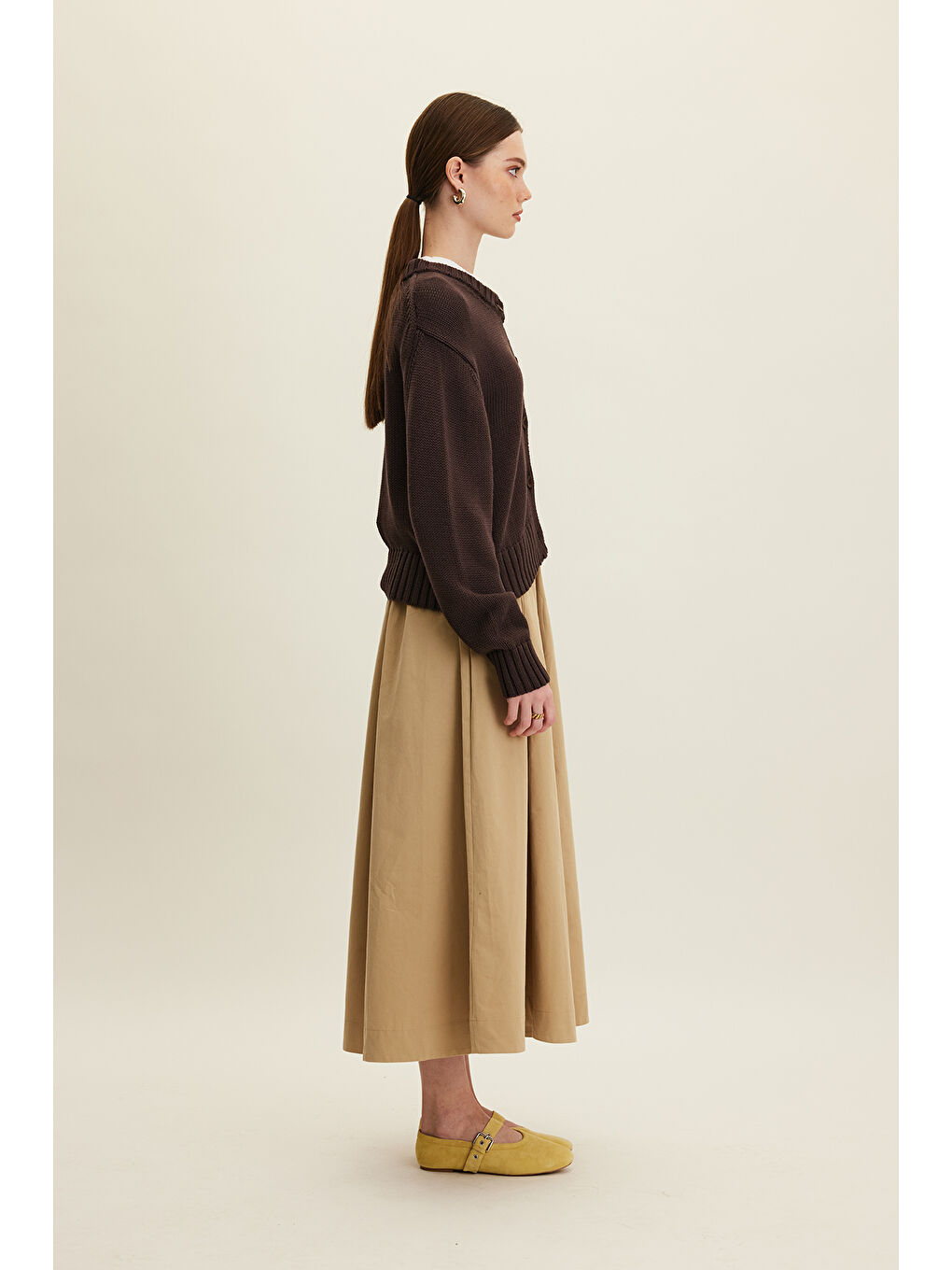 Kahverengi Katy Gabardin Büzgülü Etek Camel-4