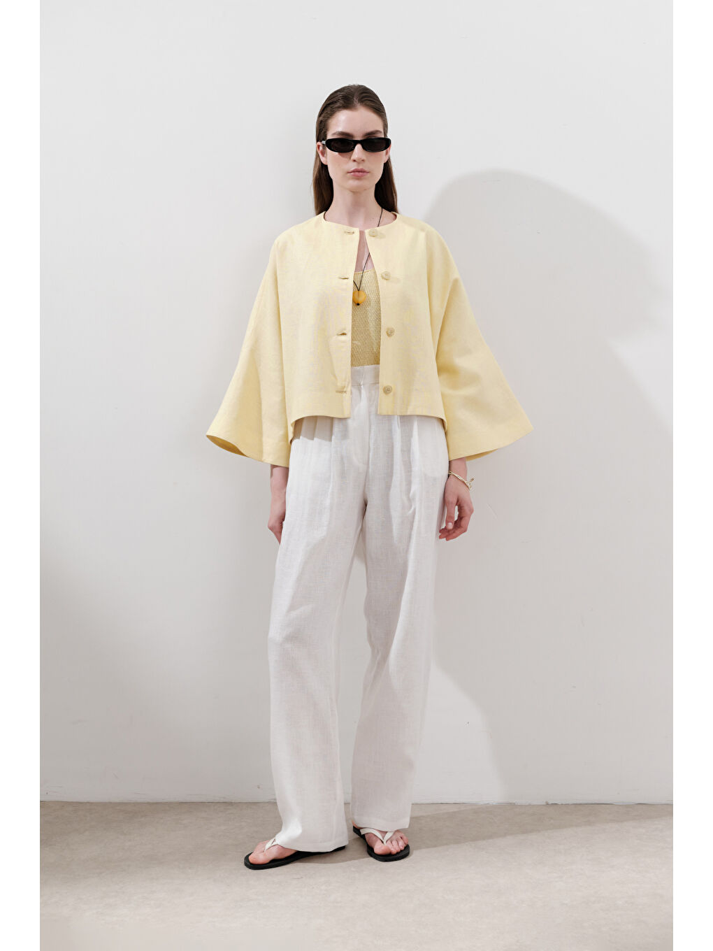 Keten Geniş Kollu Kısa Ceket Sarı-2