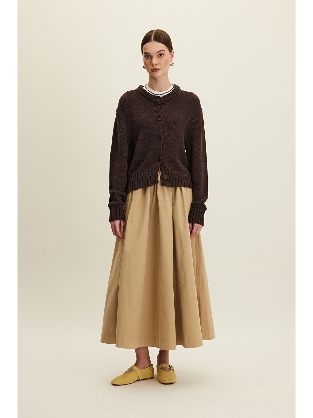 Kahverengi Katy Gabardin Büzgülü Etek Camel-5