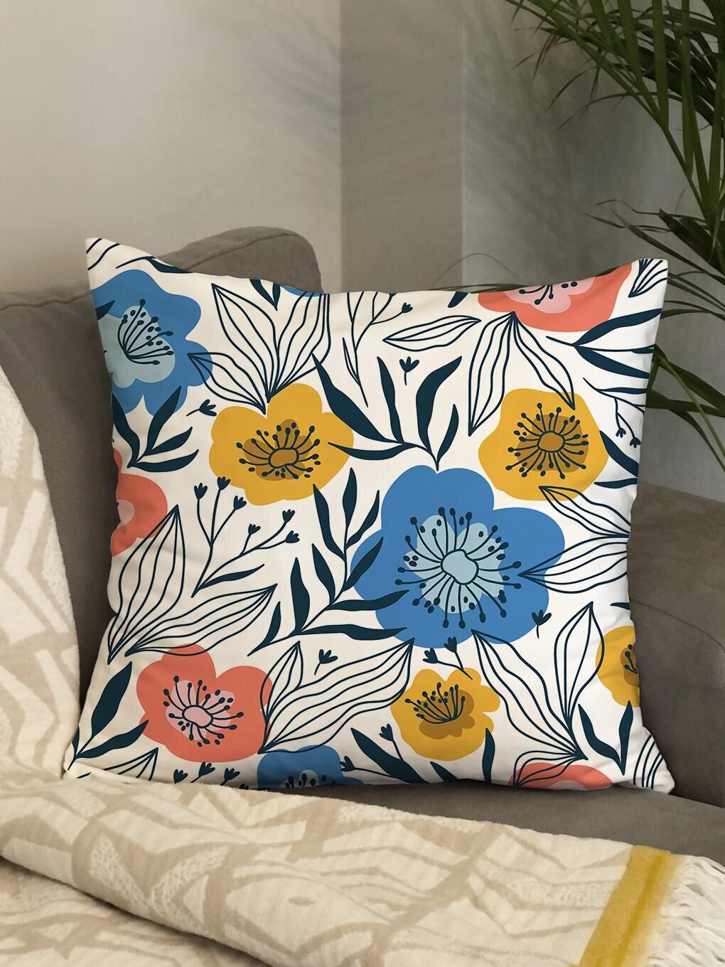 Karışık Kadife Doku Çift Taraf Baskılı Çiçek Desen 43x43 cm Tekli Kırlent Kılıfı-3