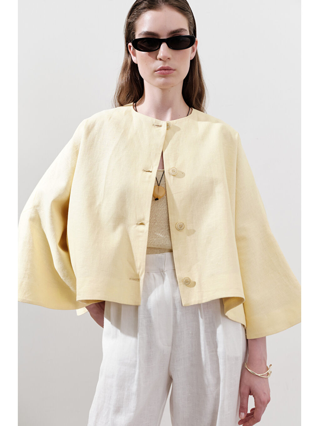Keten Geniş Kollu Kısa Ceket Sarı-4