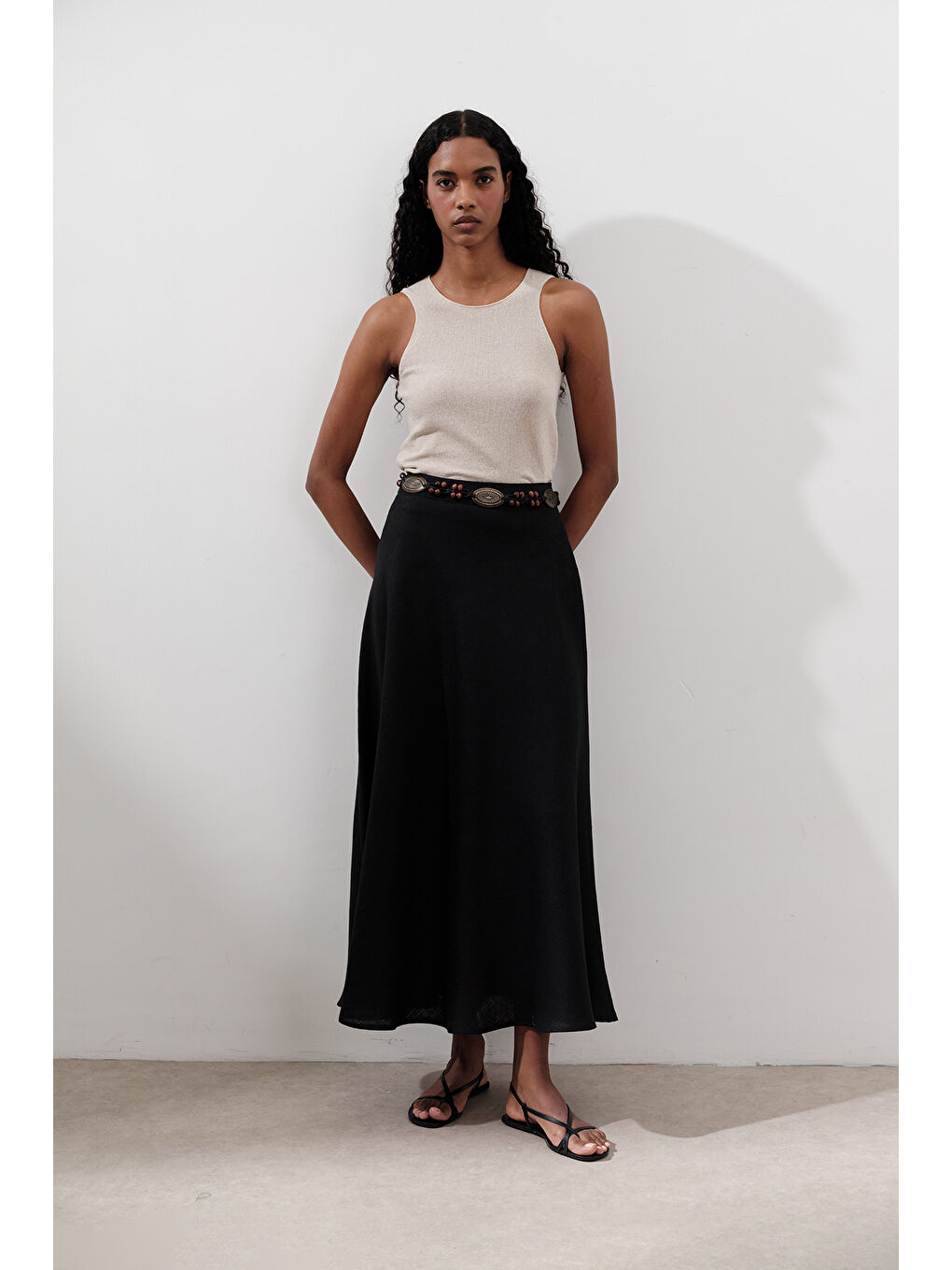 Keten Dikiş Detaylı Etek Siyah-2