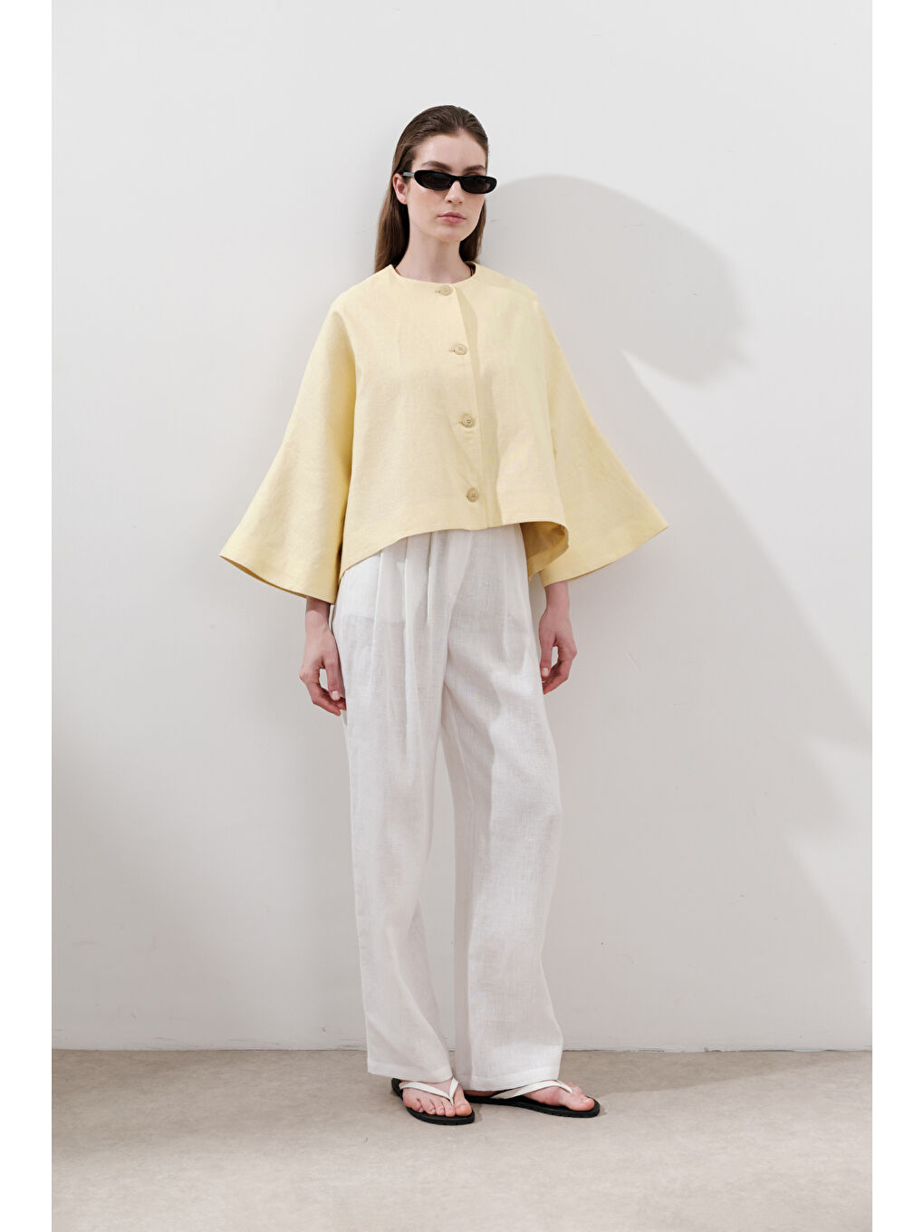 Keten Geniş Kollu Kısa Ceket Sarı-5