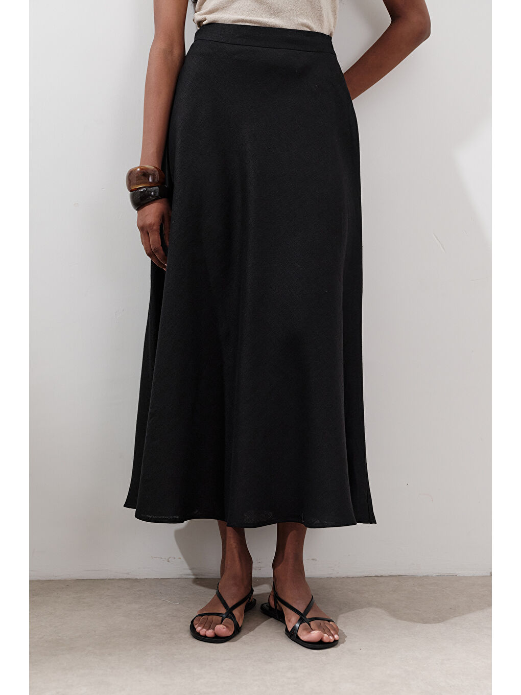 Keten Dikiş Detaylı Etek Siyah-4