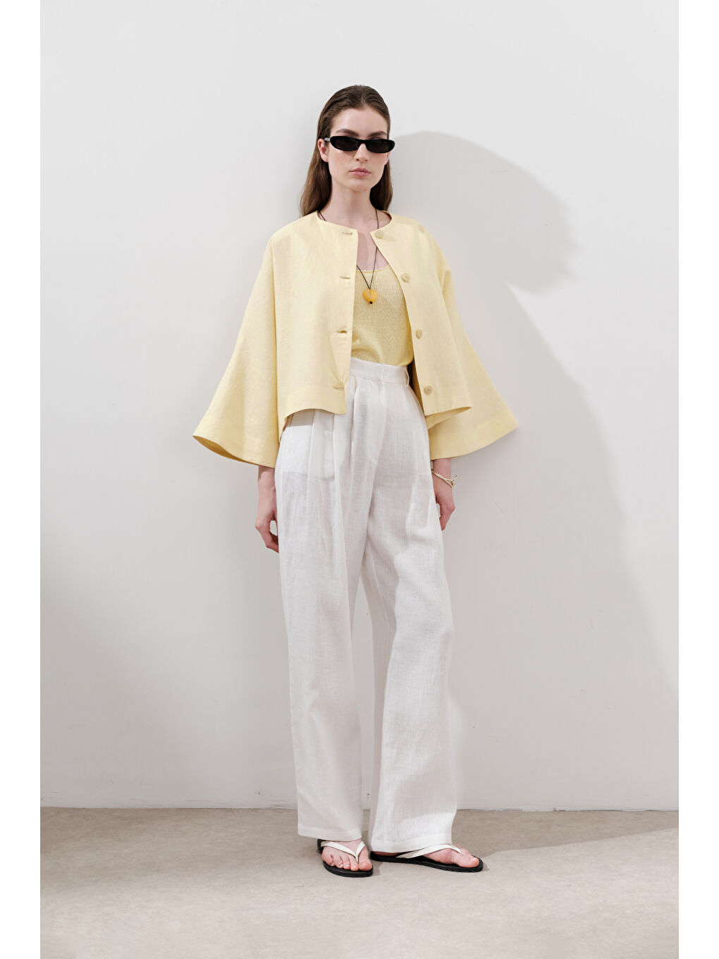 Keten Geniş Kollu Kısa Ceket Sarı-7