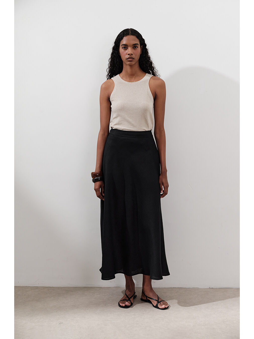 Keten Dikiş Detaylı Etek Siyah-5