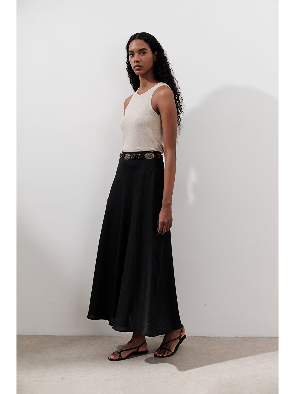 Keten Dikiş Detaylı Etek Siyah-6