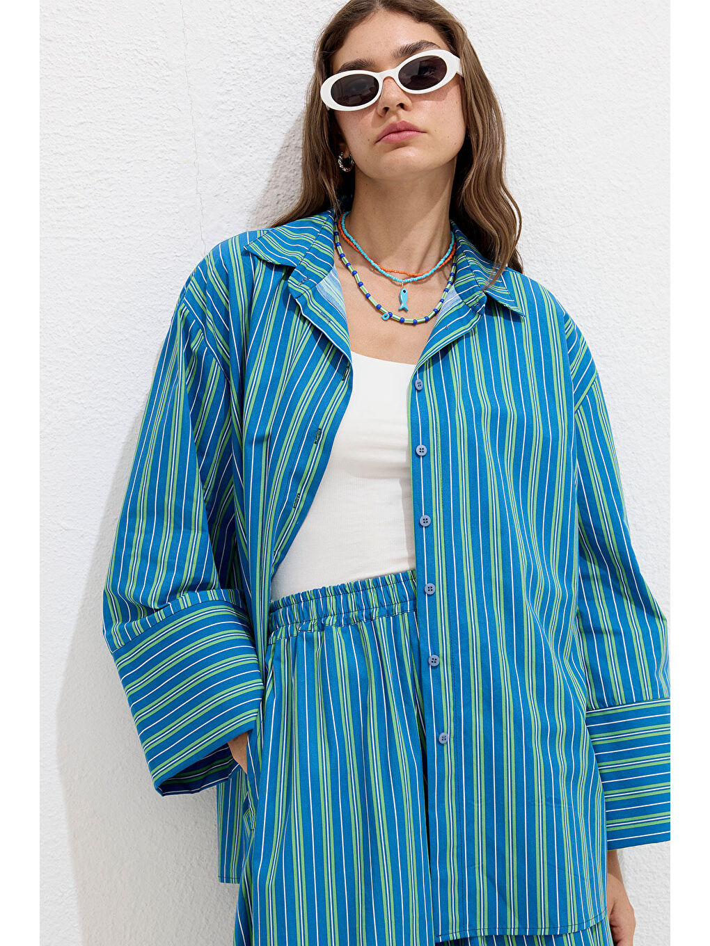 Çizgili Pamuklu Gömlek Yeşil Çizgi