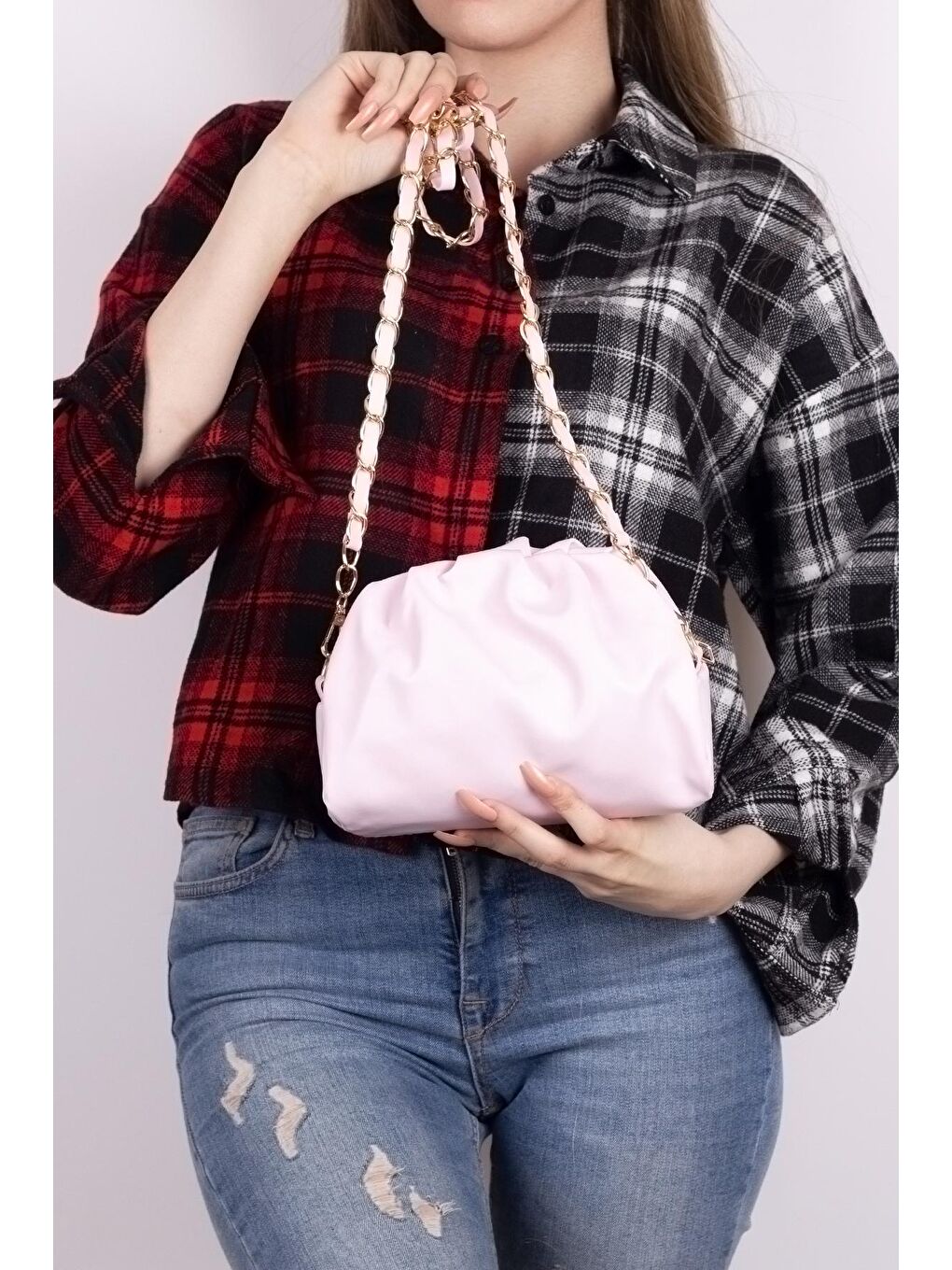 Kadın Lila Örgü Zincir Detaylı Yumuşak Deri Çapraz Çanta Tbc148-2