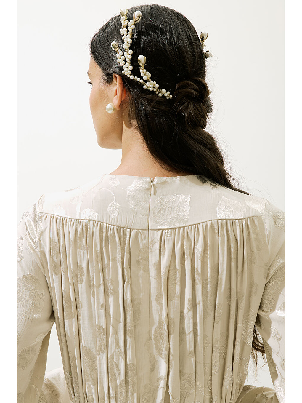 Bej Jakarlı Saten Abiye Elbise Vanilya-7