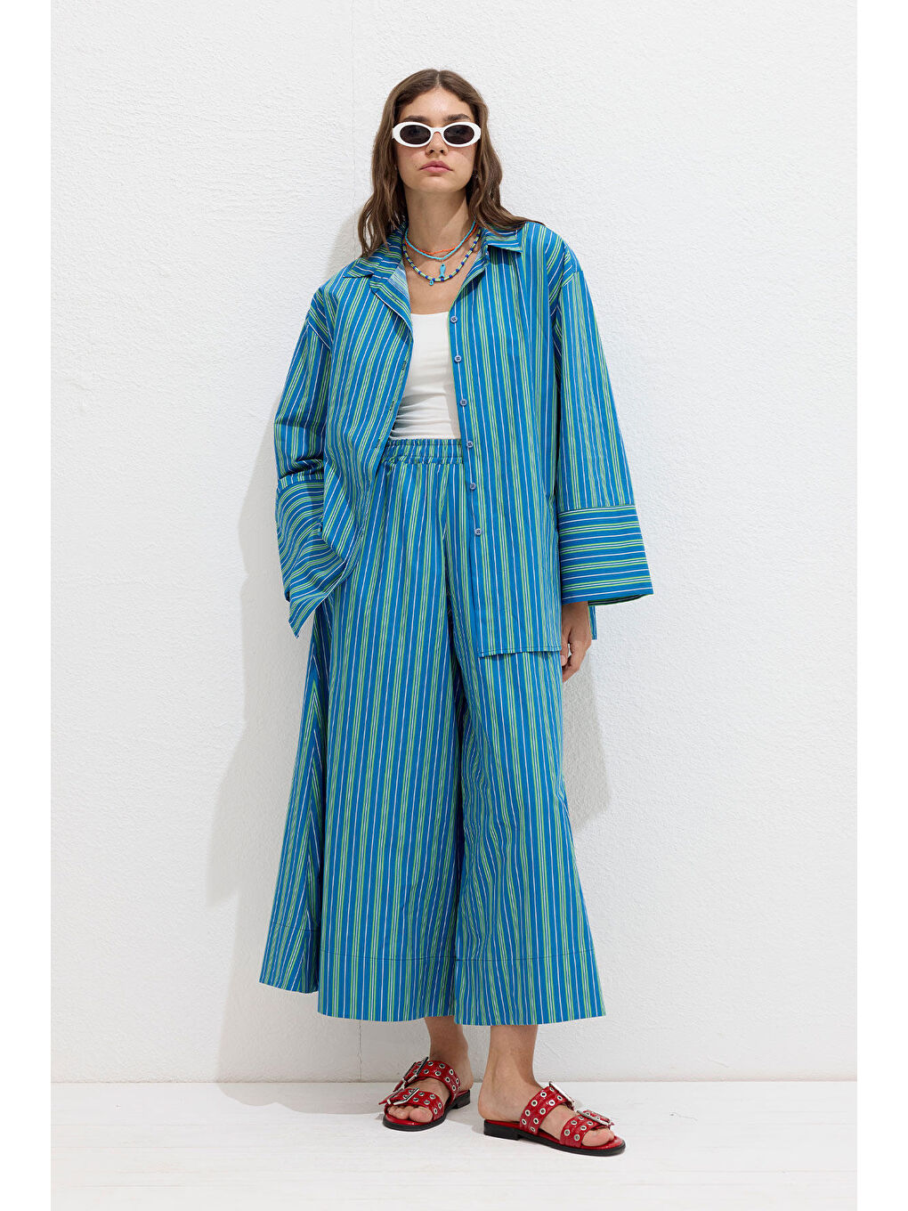 Çizgili Pamuklu Gömlek Yeşil Çizgi-1