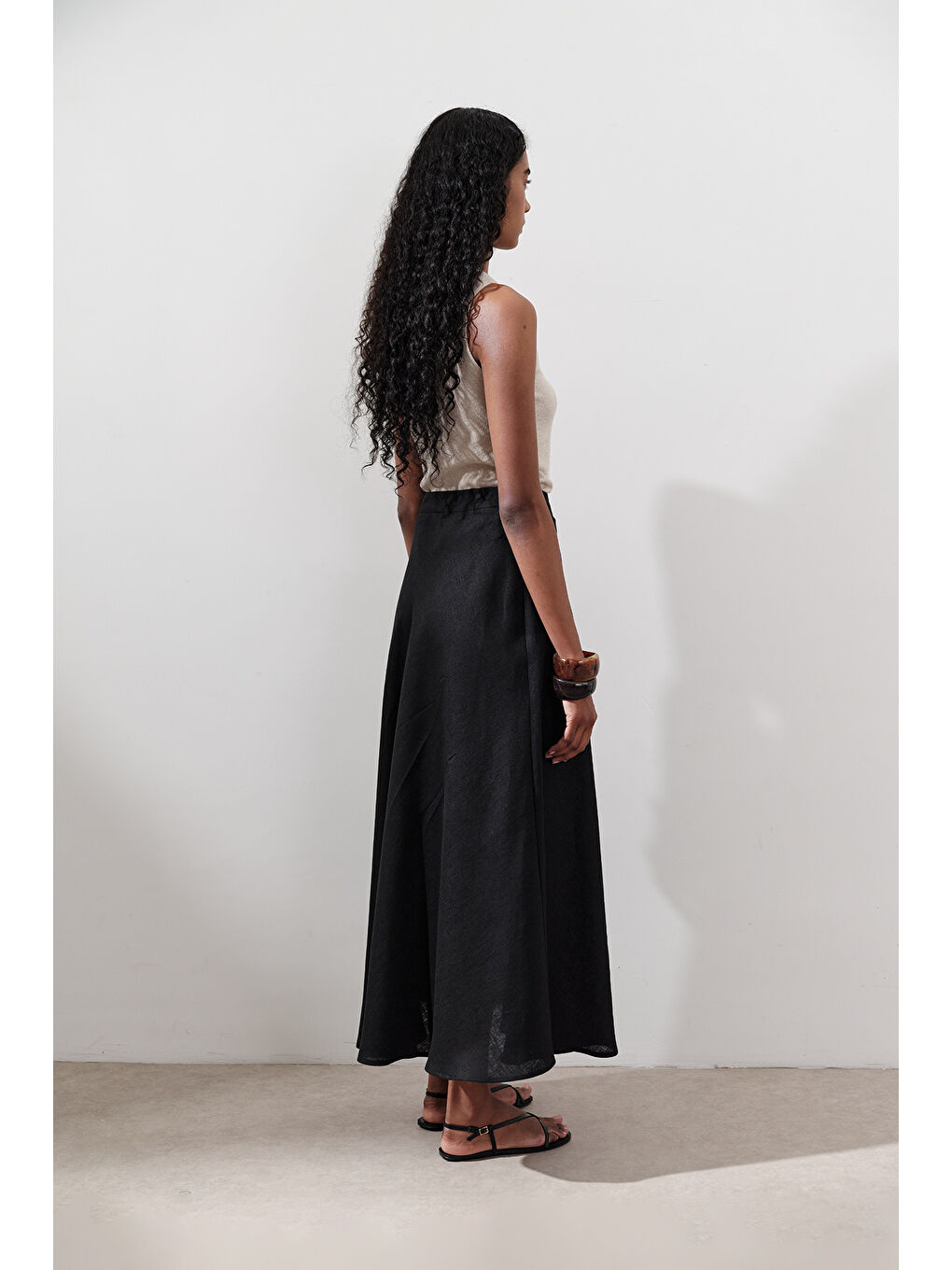 Keten Dikiş Detaylı Etek Siyah-7