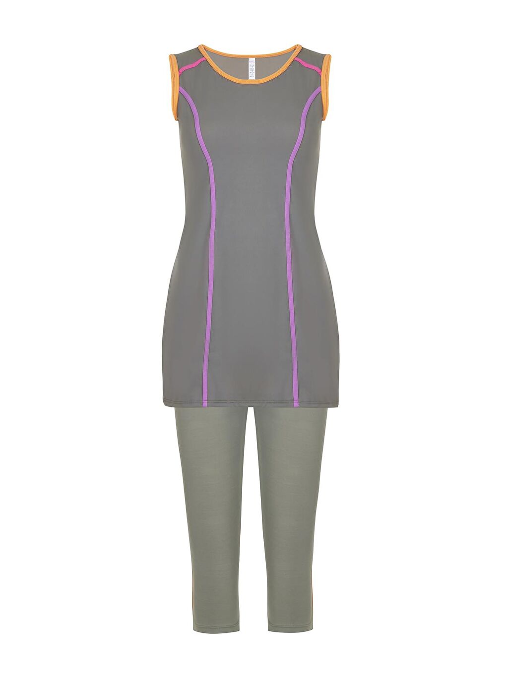 Elastanlı Kolsuz Yarı Kapalı Tesettür Mayo Mor Turuncu Biyeli 720-13-1-Gri