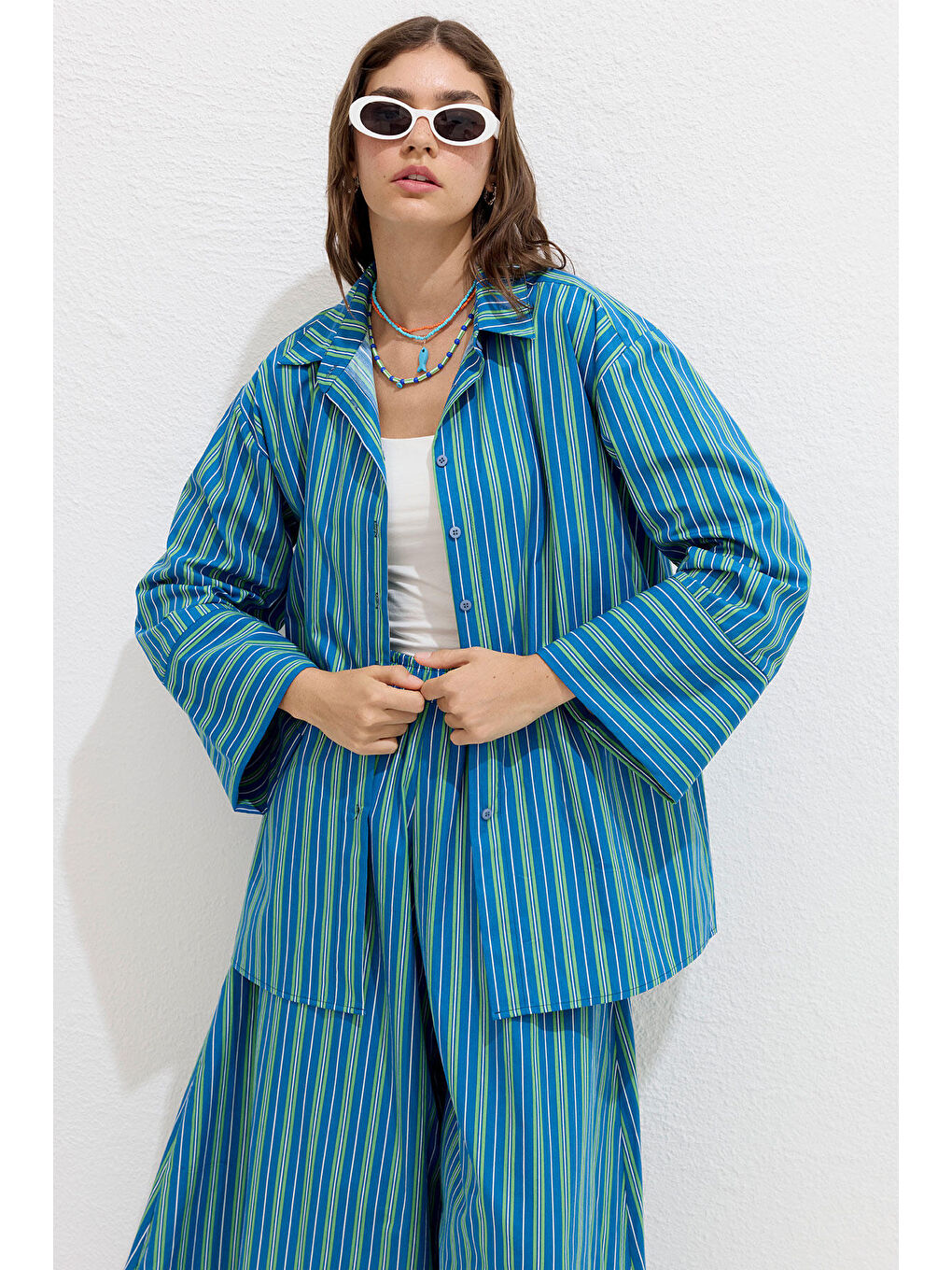 Çizgili Pamuklu Gömlek Yeşil Çizgi-2