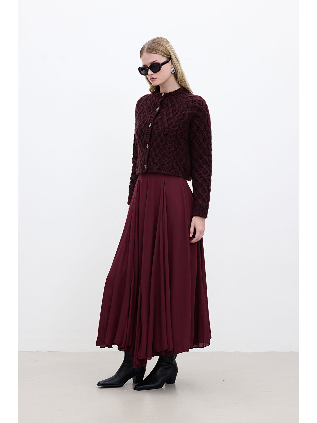 Saç Örgülü Hırka Bordo-1