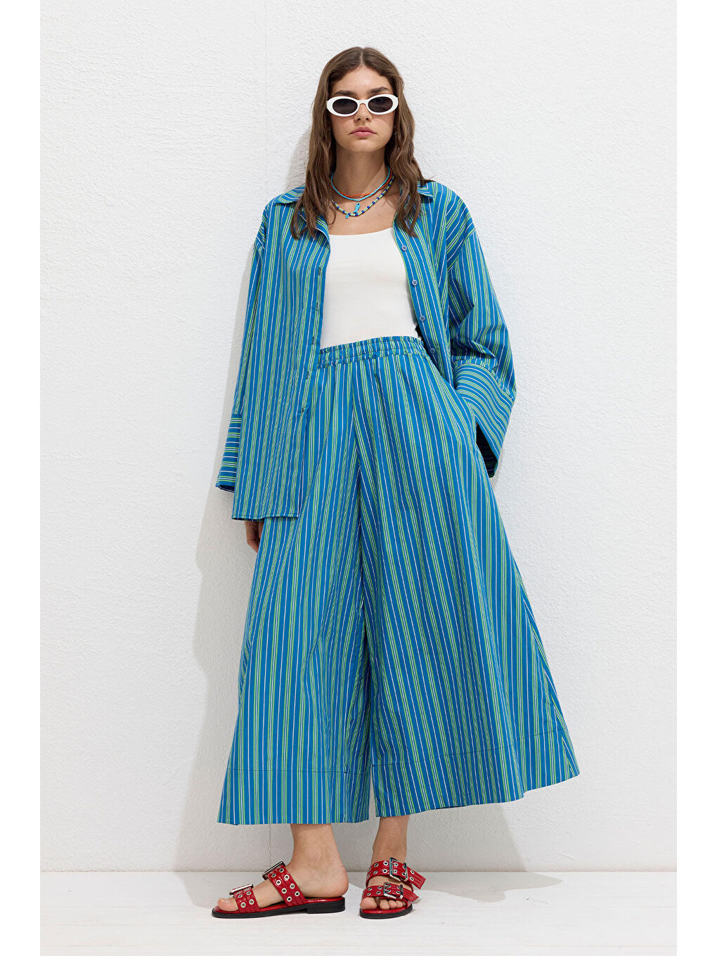 Çizgili Pamuklu Gömlek Yeşil Çizgi-3