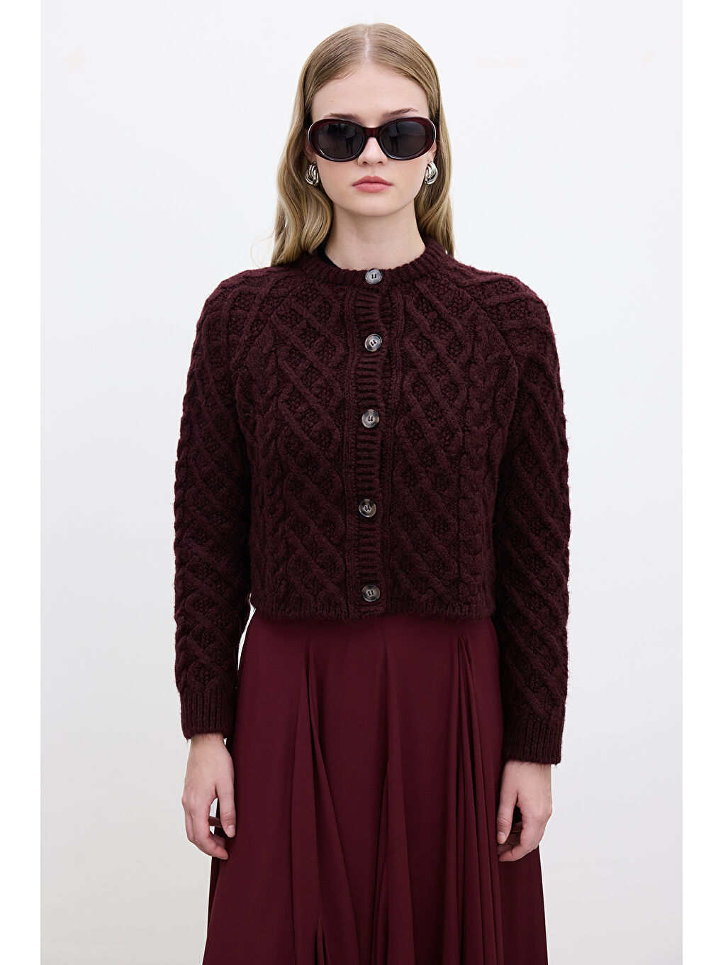 Saç Örgülü Hırka Bordo-2