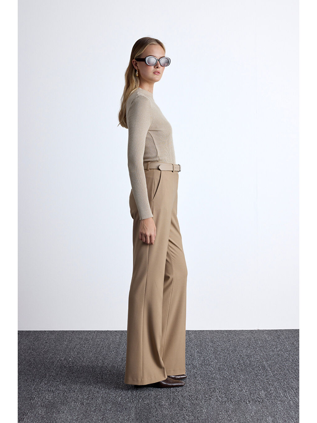 Kahverengi Flare Paça Klasik Pantolon Camel-2