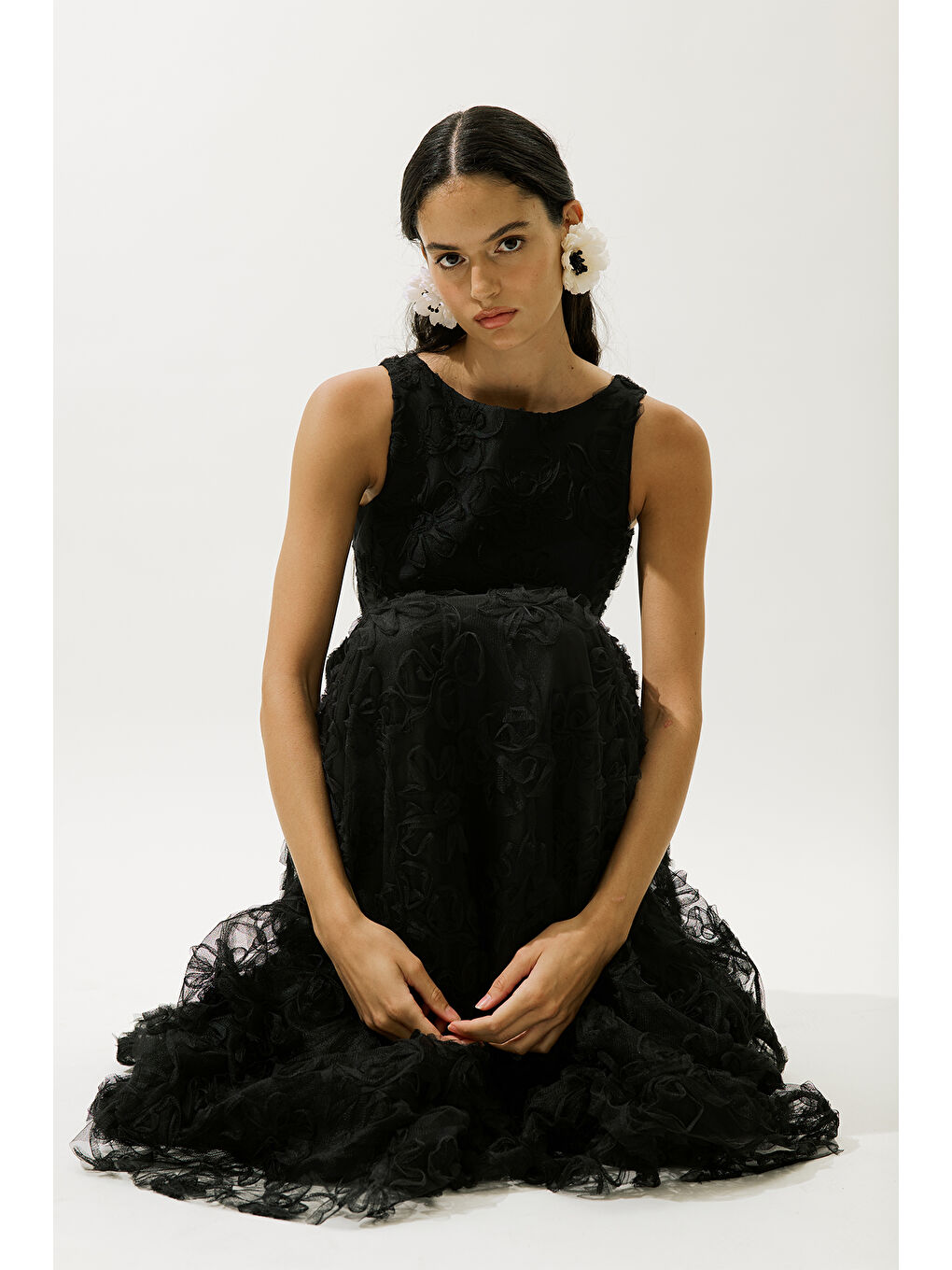 Kabarık Çiçekli Abiye Elbise Siyah