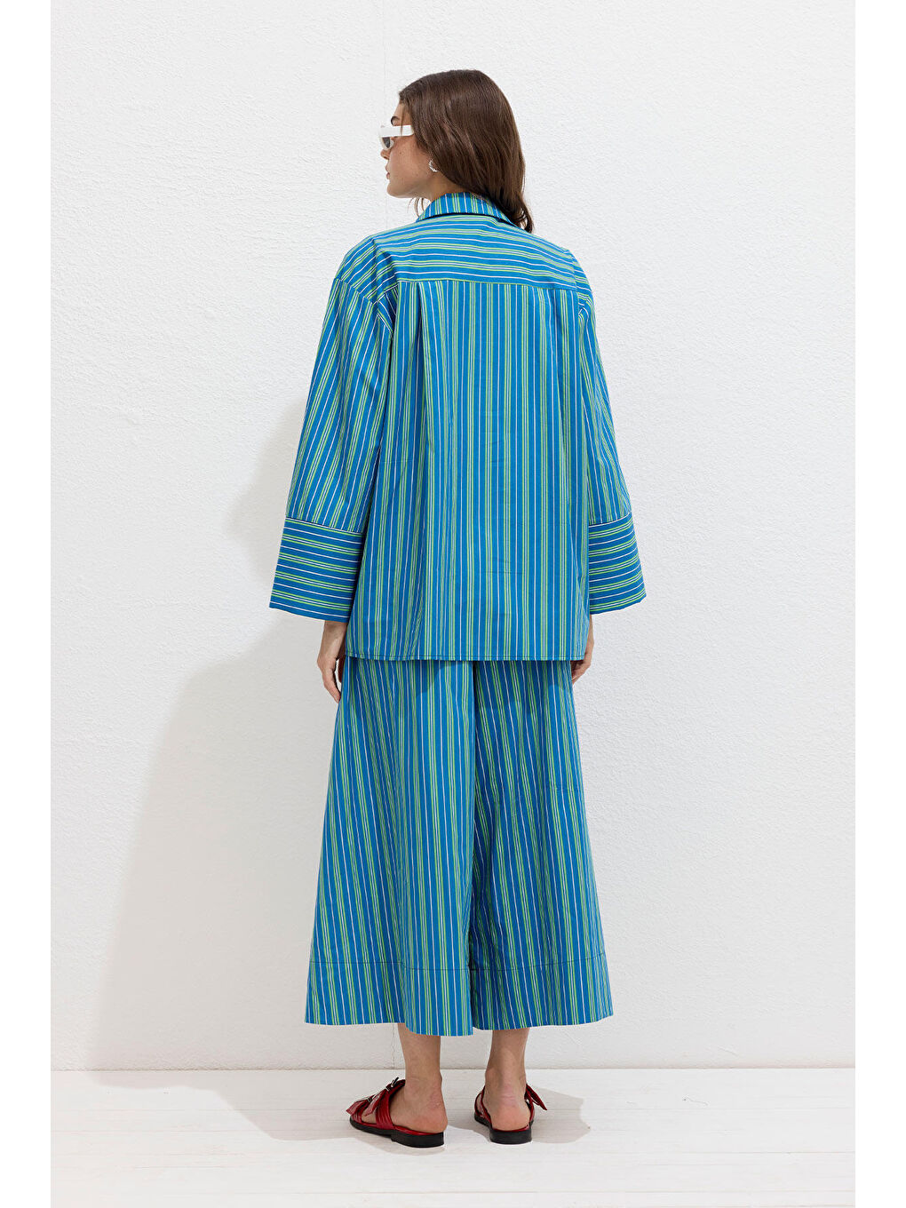 Çizgili Pamuklu Gömlek Yeşil Çizgi-5