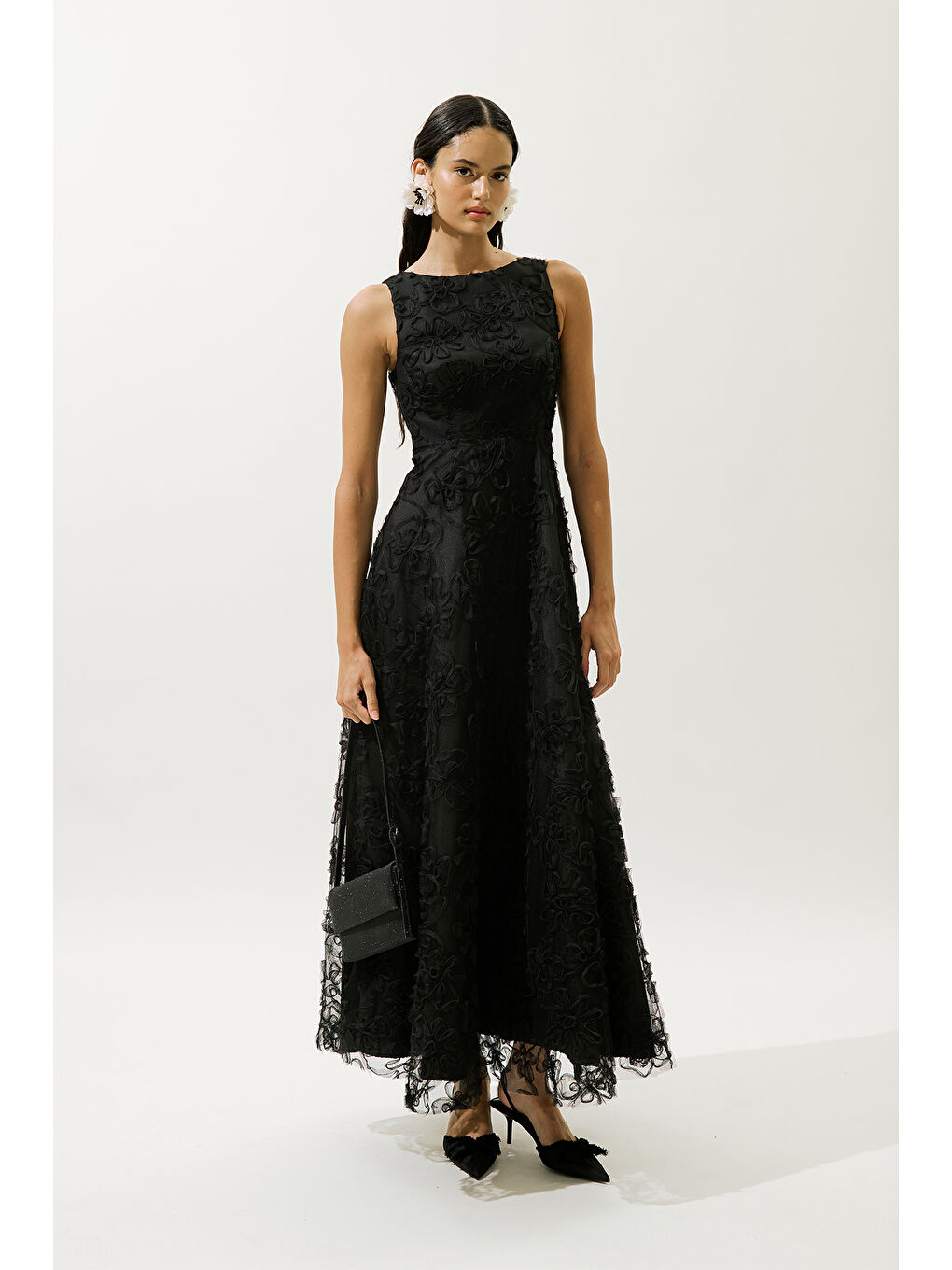 Kabarık Çiçekli Abiye Elbise Siyah-2