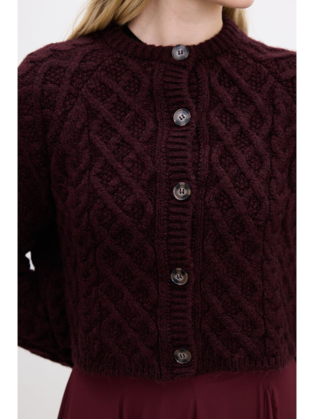 Saç Örgülü Hırka Bordo-4