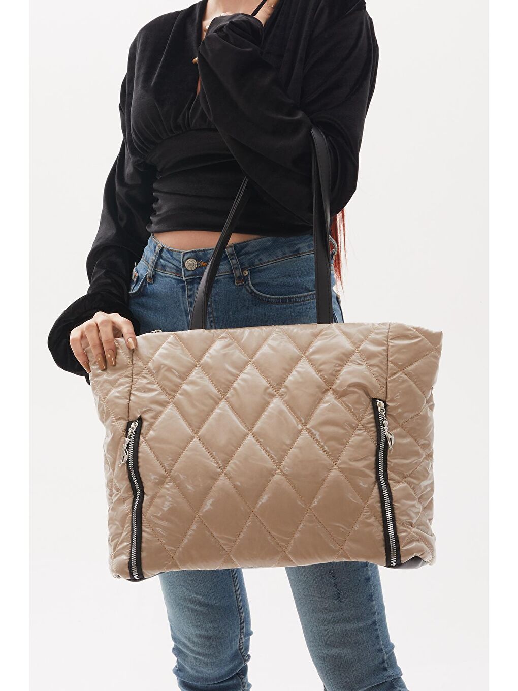 Kahverengi Kadın Vizon Fermuar Detaylı Kapitone Tote Çanta