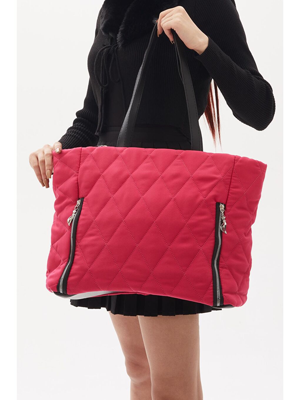 Kadın Fuşya Fermuar Detaylı Kapitone Tote Çanta