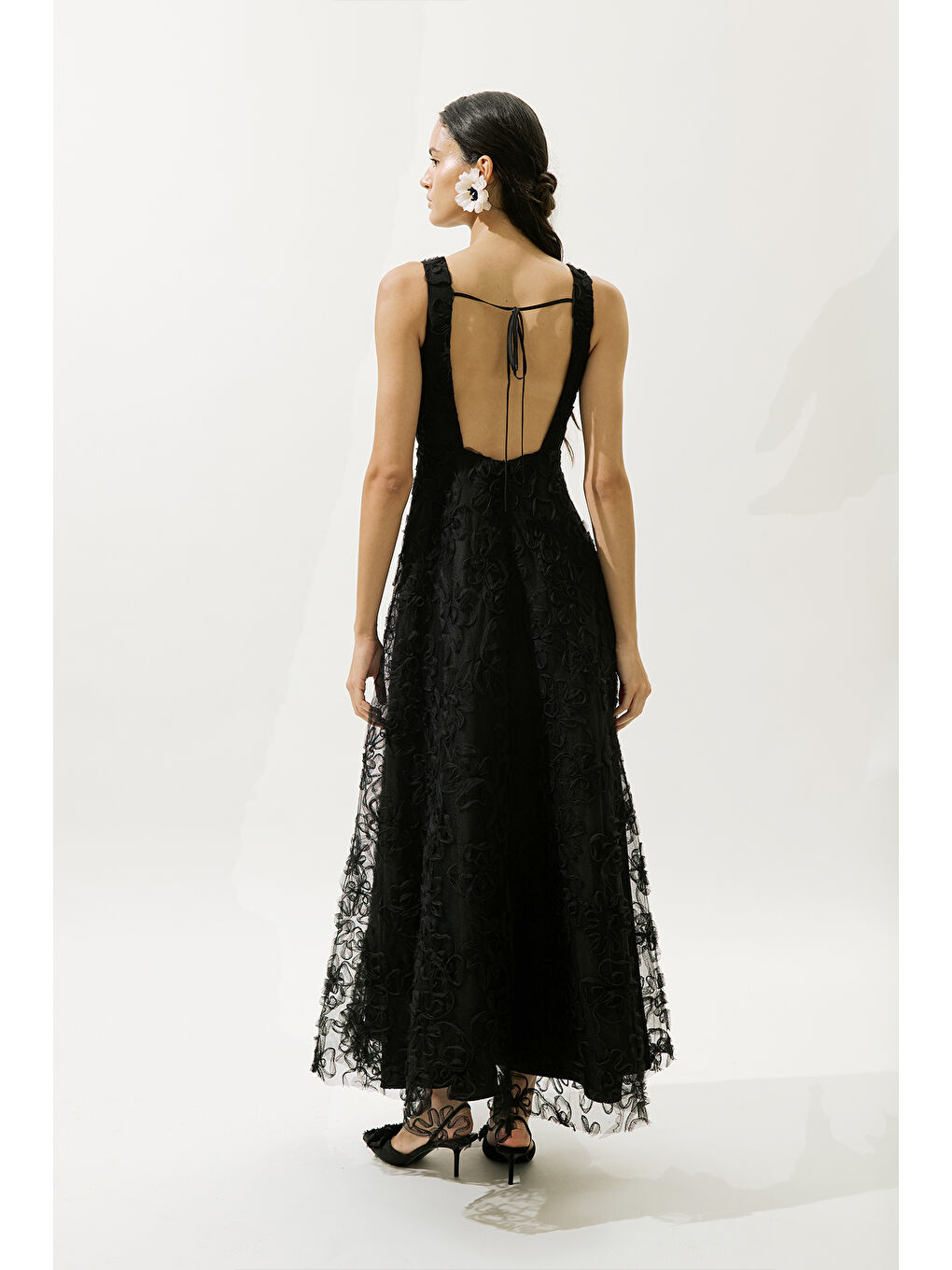 Kabarık Çiçekli Abiye Elbise Siyah-7