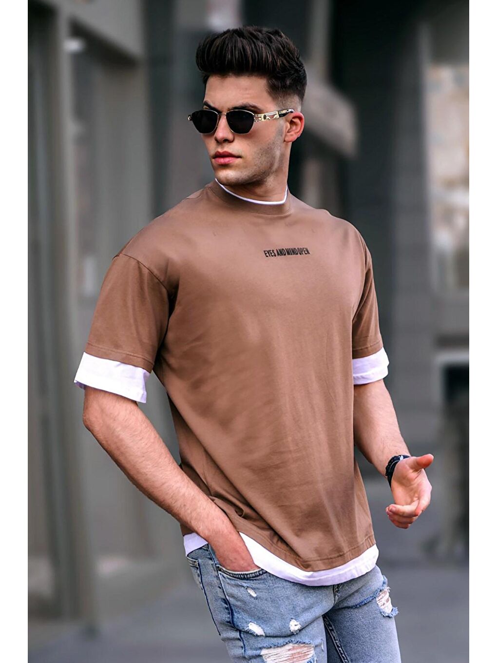 Erkek Kahverengi Basic Oversize Tişört 5802