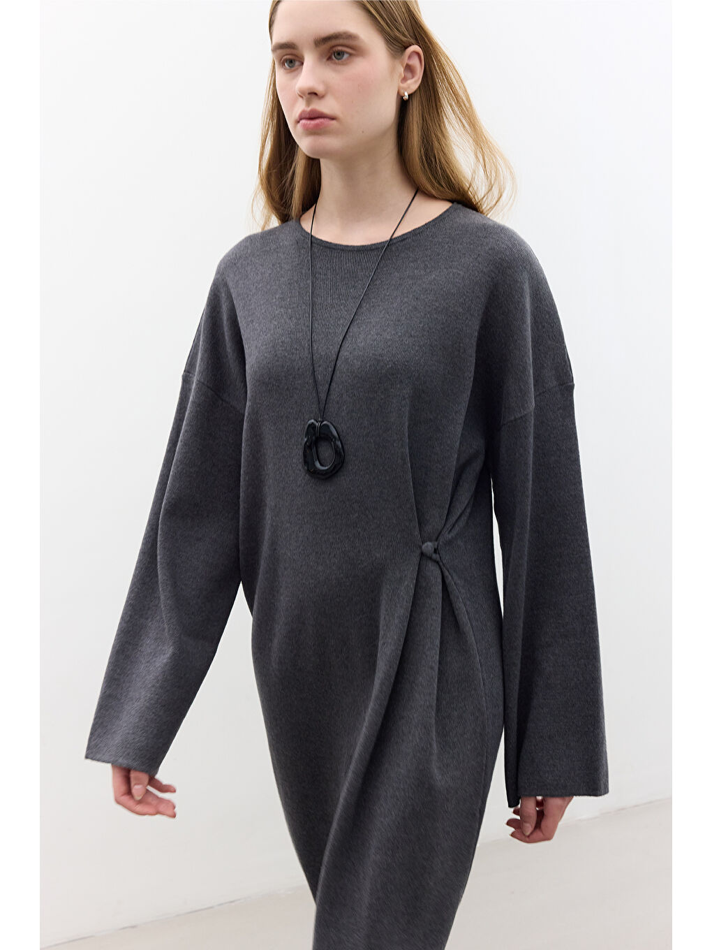 Triko Bağlamalı Elbise Antrasit-1