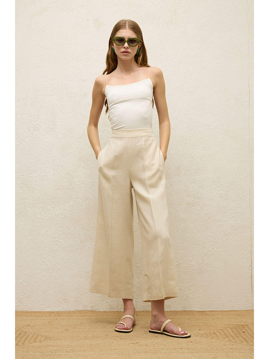 Ütü İzli Keten Pantolon Bej-3