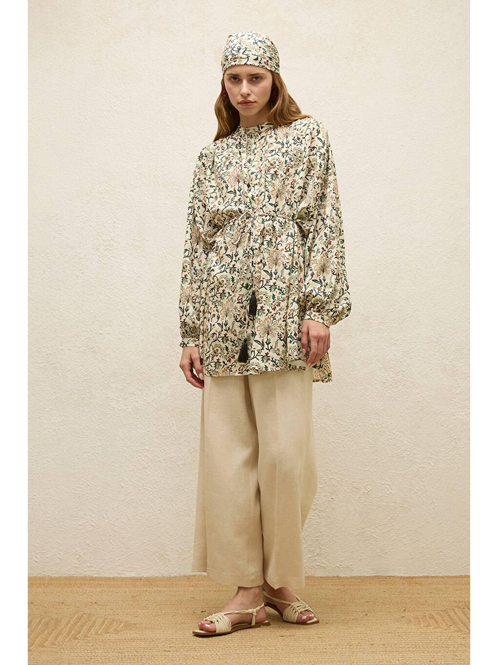 Ütü İzli Keten Pantolon Bej-5