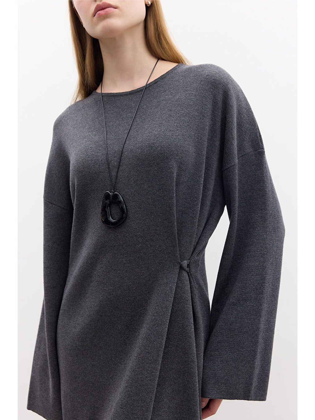Triko Bağlamalı Elbise Antrasit-2