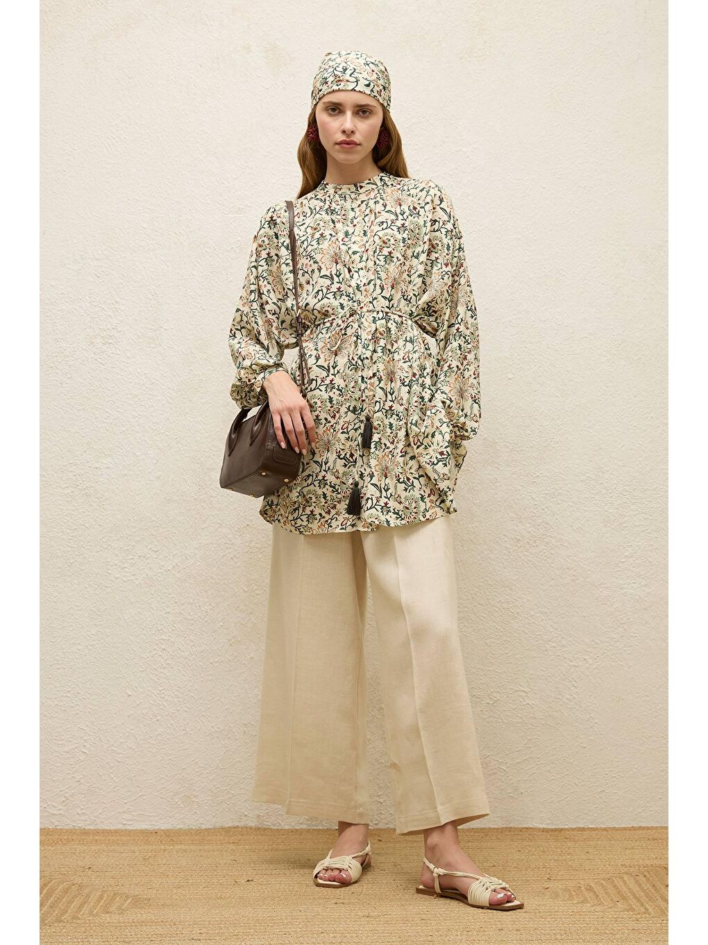 Ütü İzli Keten Pantolon Bej-6