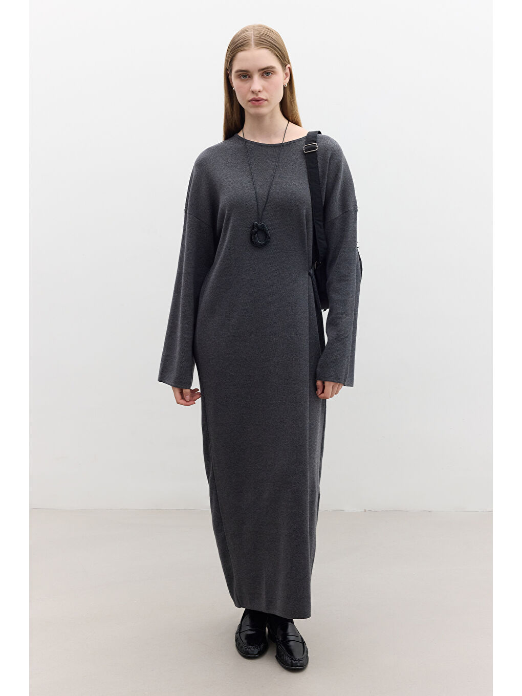 Triko Bağlamalı Elbise Antrasit-4