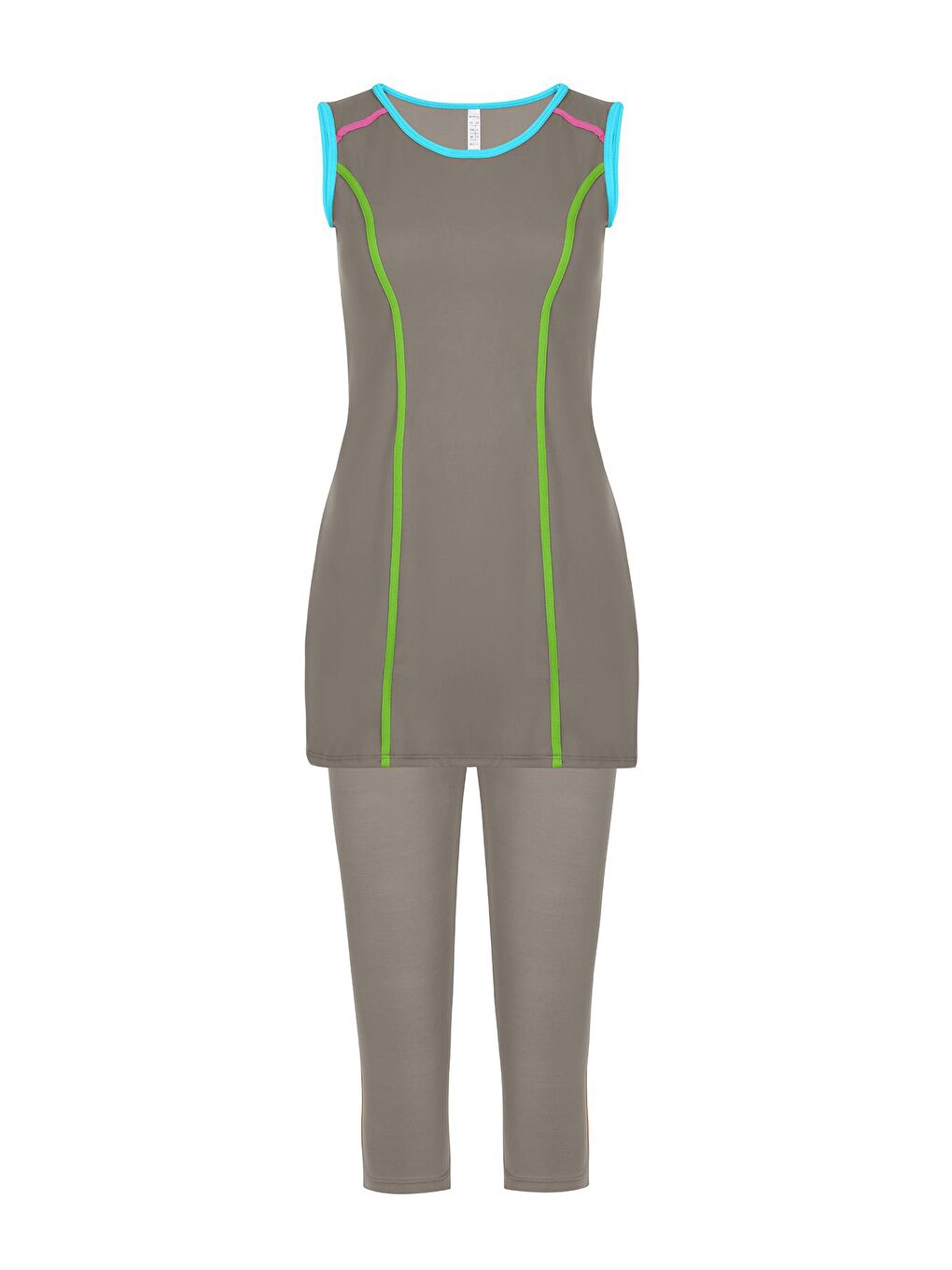 Likralı Kolsuz Yarı Kapalı Tesettür Mayo Yeşil Mavi Biyeli 720-14-1-Gri