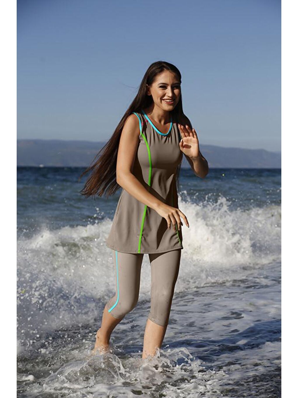 Likralı Kolsuz Yarı Kapalı Tesettür Mayo Yeşil Mavi Biyeli 720-14-1-Gri-1