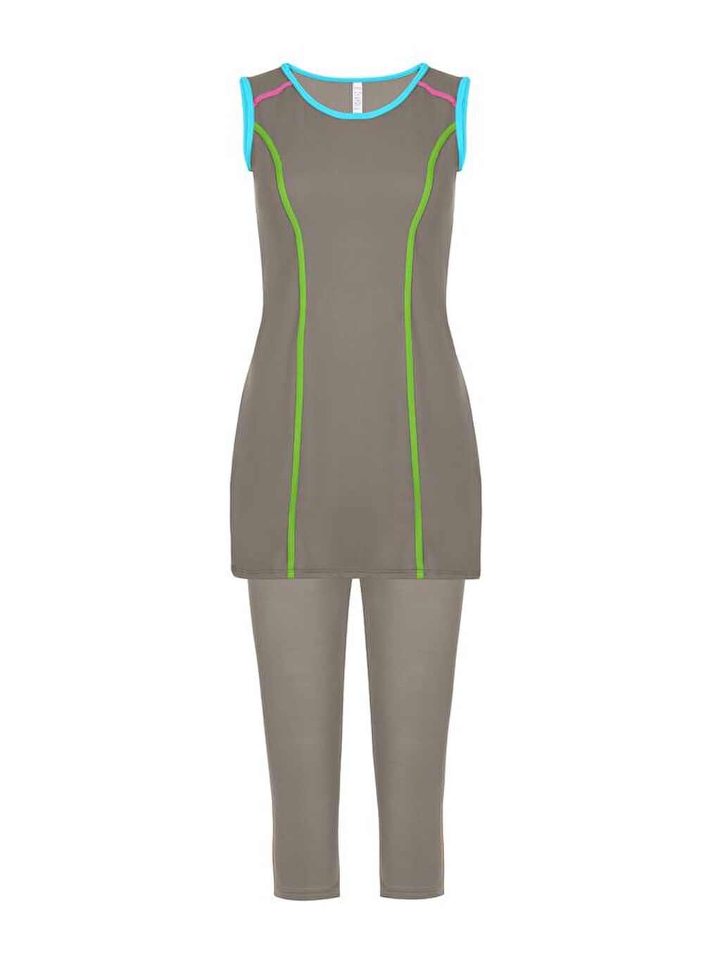 Likralı Kolsuz Yarı Kapalı Tesettür Mayo Yeşil Mavi Biyeli 720-14-1-Gri-3