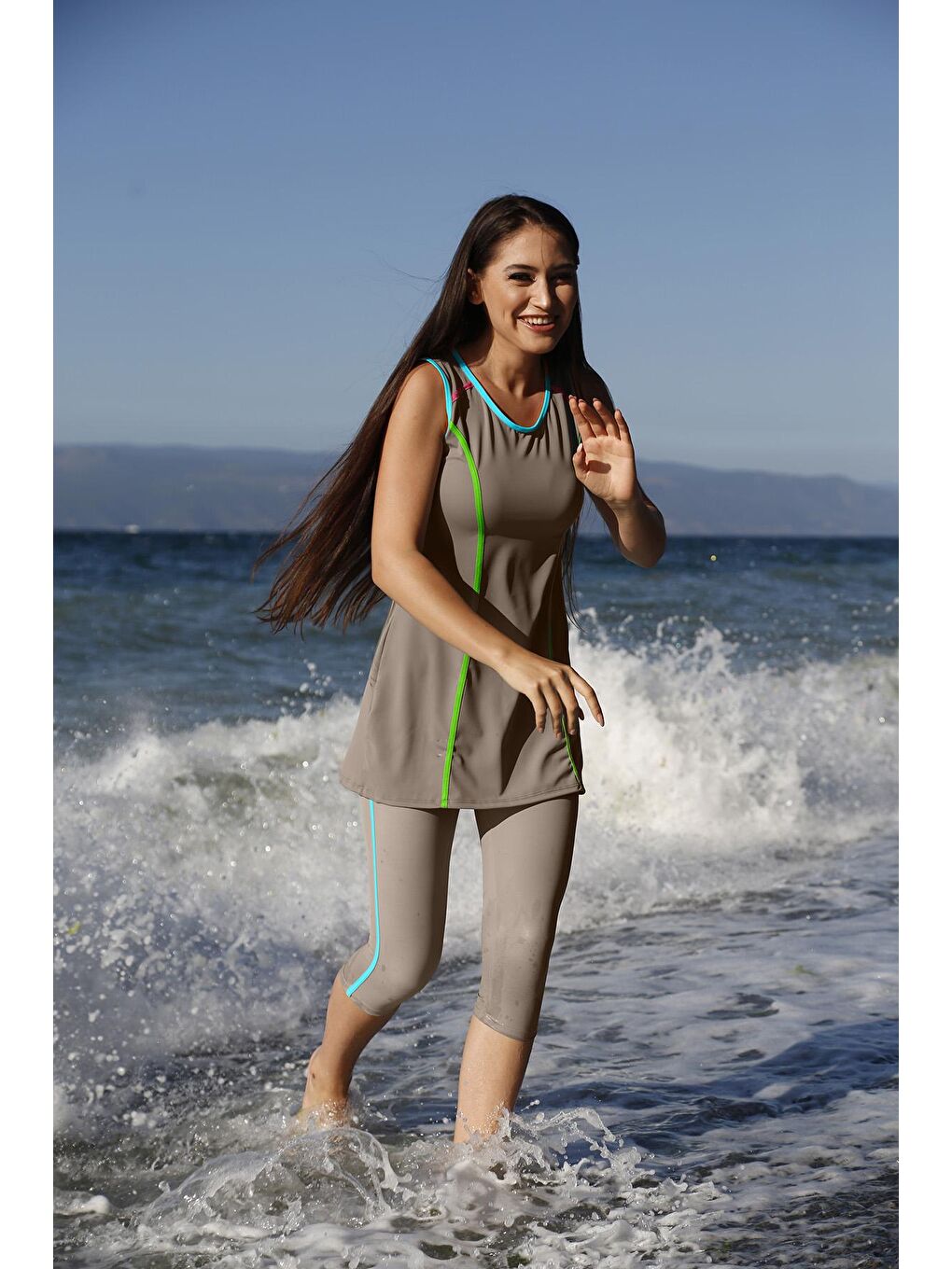 Likralı Kolsuz Yarı Kapalı Tesettür Mayo Yeşil Mavi Biyeli 720-14-1-Gri-4