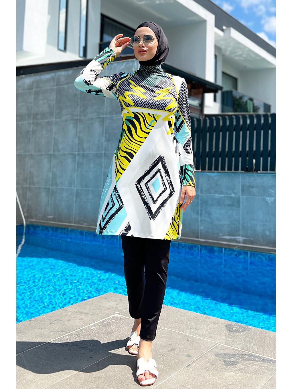 Siyah Tasarım Tam Kapalı Tesettür Mayo  Mayo R035 Jamaika-2