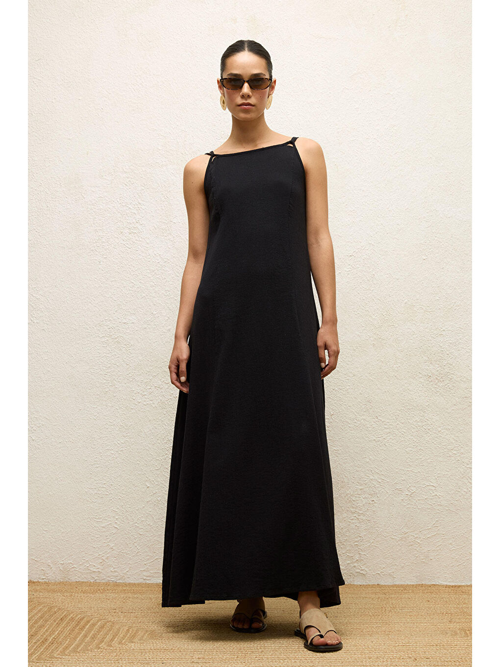 Siyah Askılı Pamuklu Elbise Natural-1